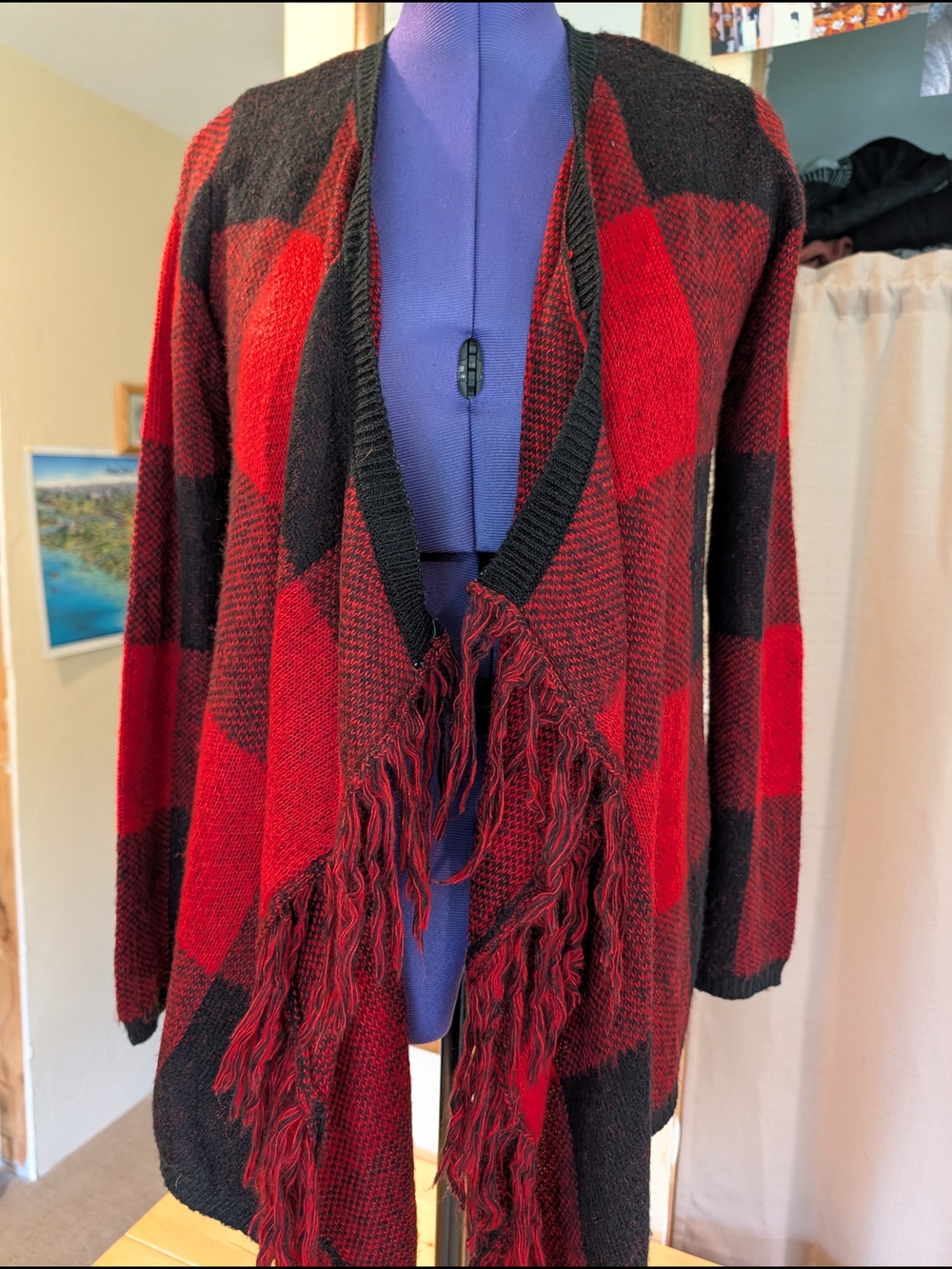 No Boundaries Red and Black Plaid Fringe Open-Front Cardigan